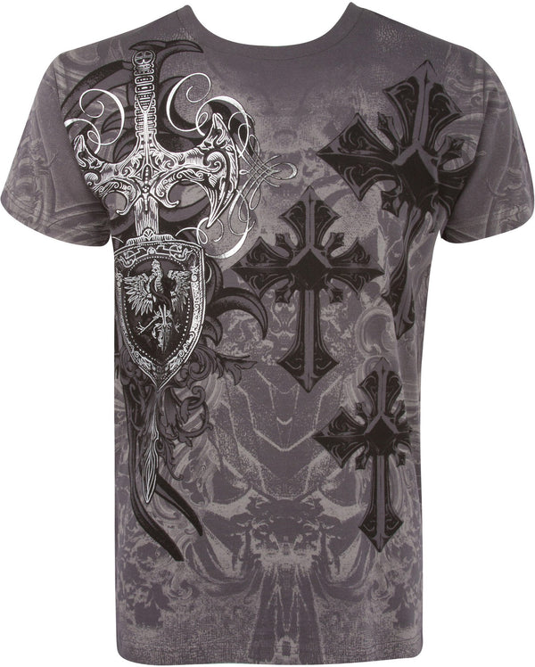 Sakkas Cross, Sword and Shield Metallic Silver Embossed Cotton Mens T-Shirt#color_Charcoal