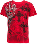 Sakkas Cross, Sword and Shield Metallic Silver Embossed Cotton Mens T-Shirt#color_Red