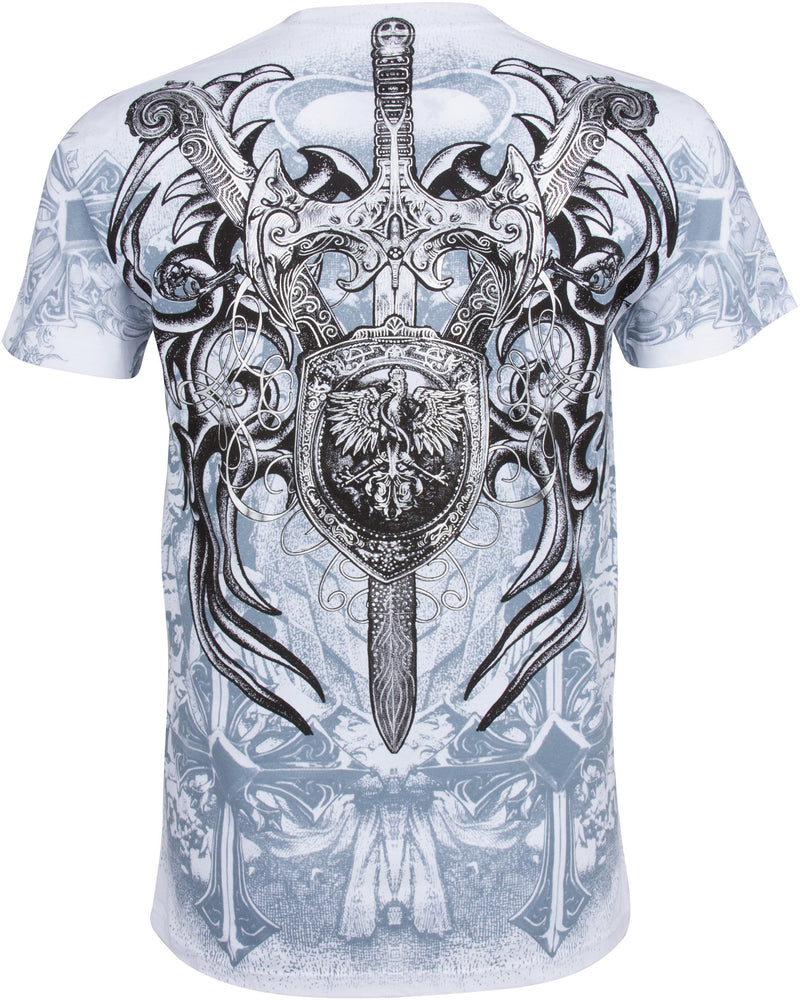 Sakkas Cross, Sword and Shield Metallic Silver Embossed Cotton Mens T-Shirt