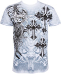 Sakkas Cross, Sword and Shield Metallic Silver Embossed Cotton Mens T-Shirt#color_White
