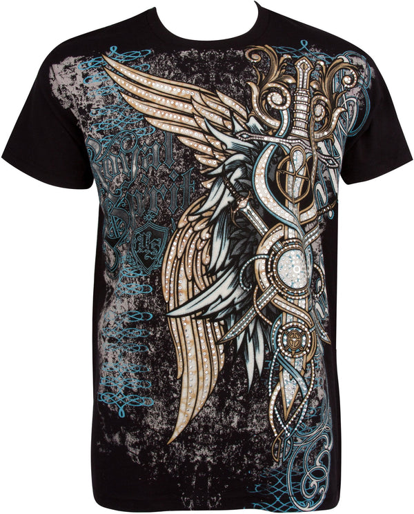 Sakkas Wings and Swords Metallic Silver Embossed Cotton Mens Fashion T-Shirt#color_Black