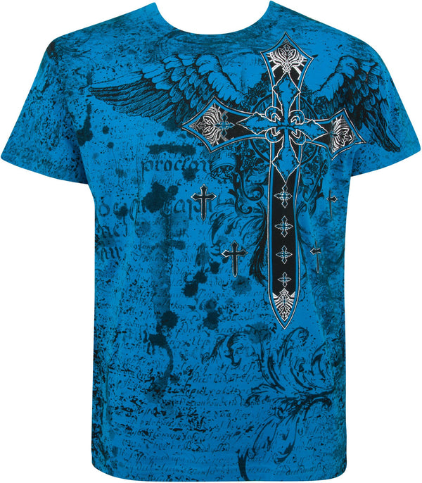 Metallic Silver Embossed Cross Short Sleeve Crew Neck Cotton Mens Fashion T-Shirt#color_Turquoise