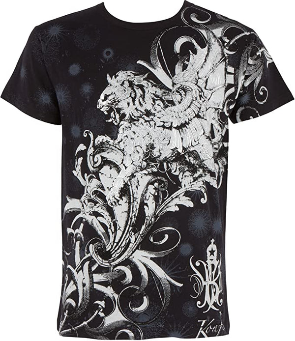 Sakkas Lion and Vines Metallic Silver Embossed Cotton Mens Fashion T-Shirt#color_Black