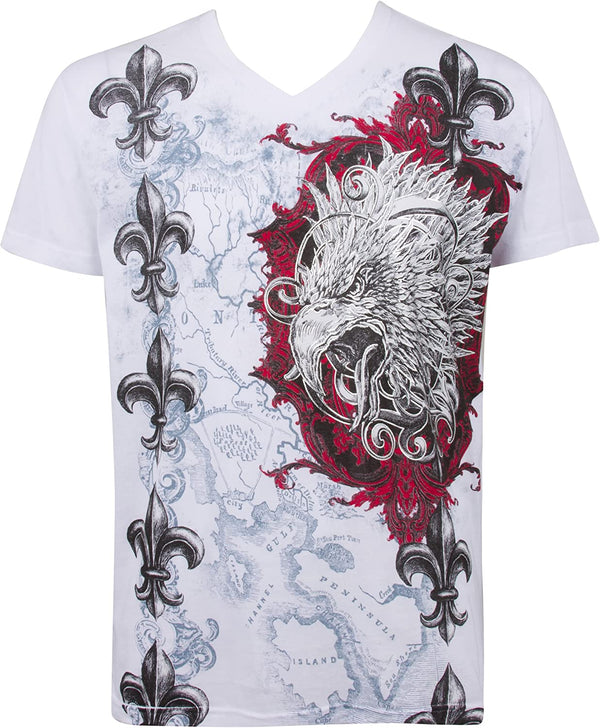 Sakkas Eagle Head Metallic Silver Embossed Short Sleeve V-Neck Cotton Mens Fashion T-Shirt#color_White