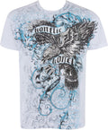 Sakkas Eagle Head and Fleur de Lis Metallic Silver Embossed Cotton Mens T-Shirt#color_White