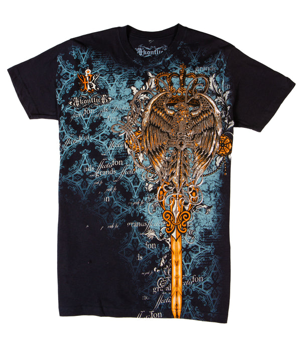 Sakkas Eagle Perched on a Sword Metallic Silver Embossed Cotton Mens T-Shirt#color_Black