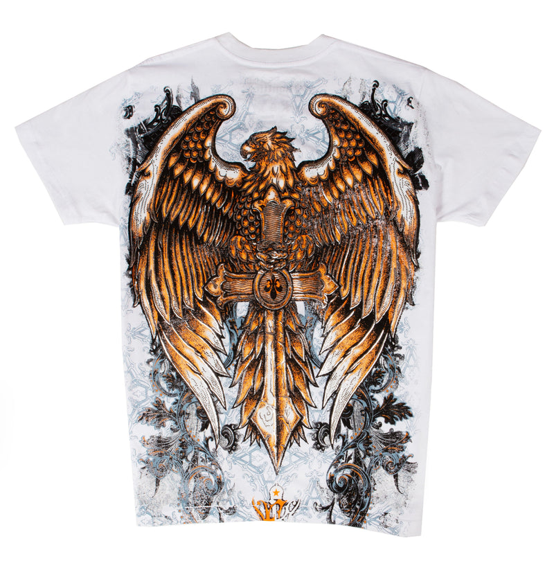 Sakkas Eagle Perched on a Sword Metallic Silver Embossed Cotton Mens T-Shirt