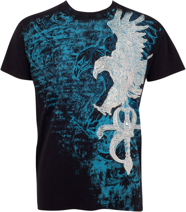 Sakkas Eagle and Sword Metallic Silver Embossed Cotton Mens Fashion T-Shirt#color_Black