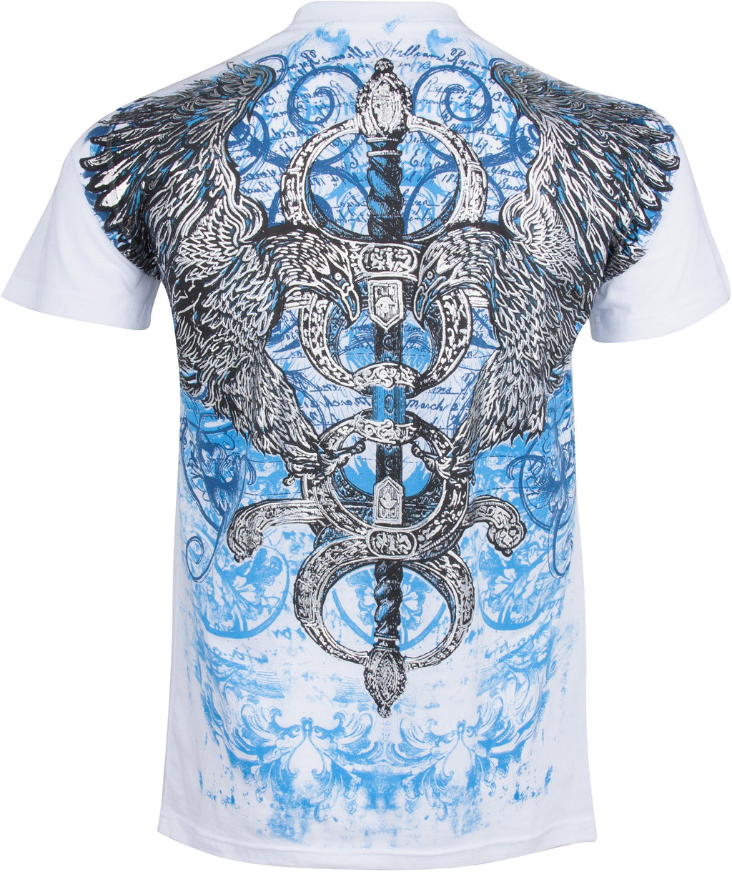 Sakkas Men's Fashion T-Shirt - Eagle & Sword Metallic Silver Embossed Design