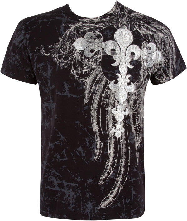 Sakkas Fleur De Lis Cross Metallic Silver Embossed Cotton Mens Fashion T-shirt#color_Black