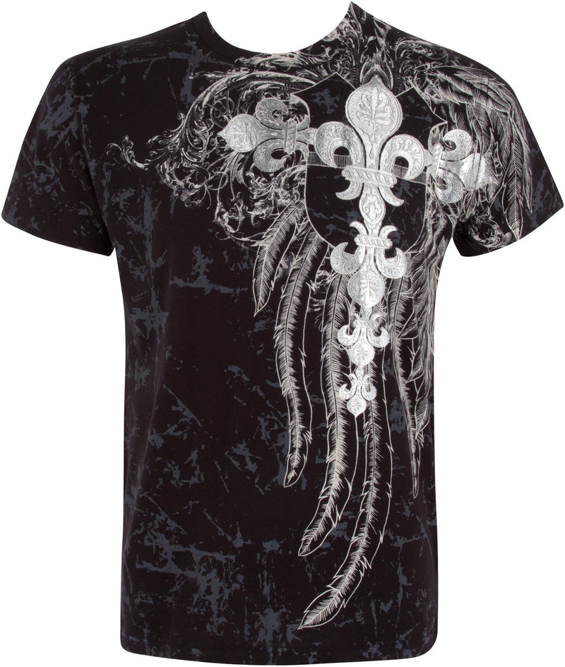 Sakkas Fleur De Lis Cross Metallic Silver Embossed Cotton Mens Fashion T-shirt