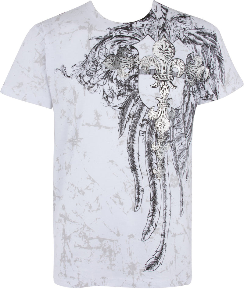 Sakkas Fleur De Lis Cross Metallic Silver Embossed Cotton Mens Fashion T-shirt
