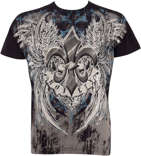 Sakkas Royalty Fleur de Lis Metallic Silver Embossed Cotton Mens Fashion T-Shirt#color_Black