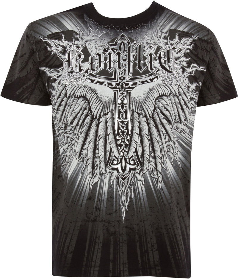 Sakkas Alijah Wings In Flames Celtic Cross Mens Graphic T-Shirt
