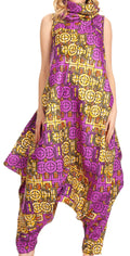 Sakkas Loa Women's African Ankara Print Maxi Harem Jumpsuit Dress Sleeveless#color_136-VioletYellow