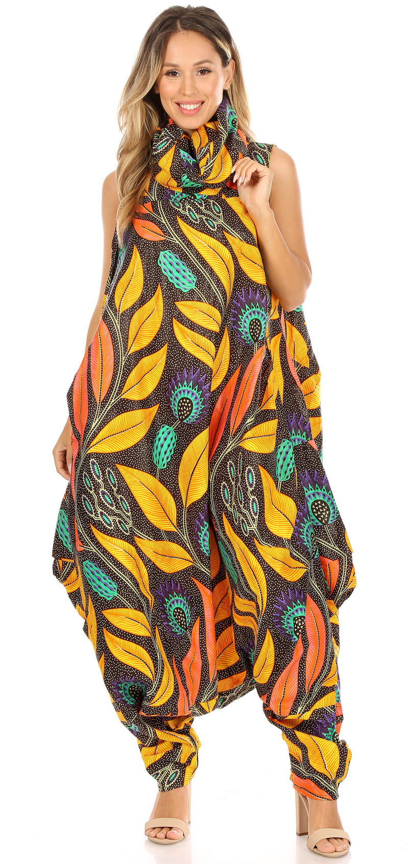 Sakkas Loa Women's African Ankara Print Maxi Harem Jumpsuit Dress Sleeveless
