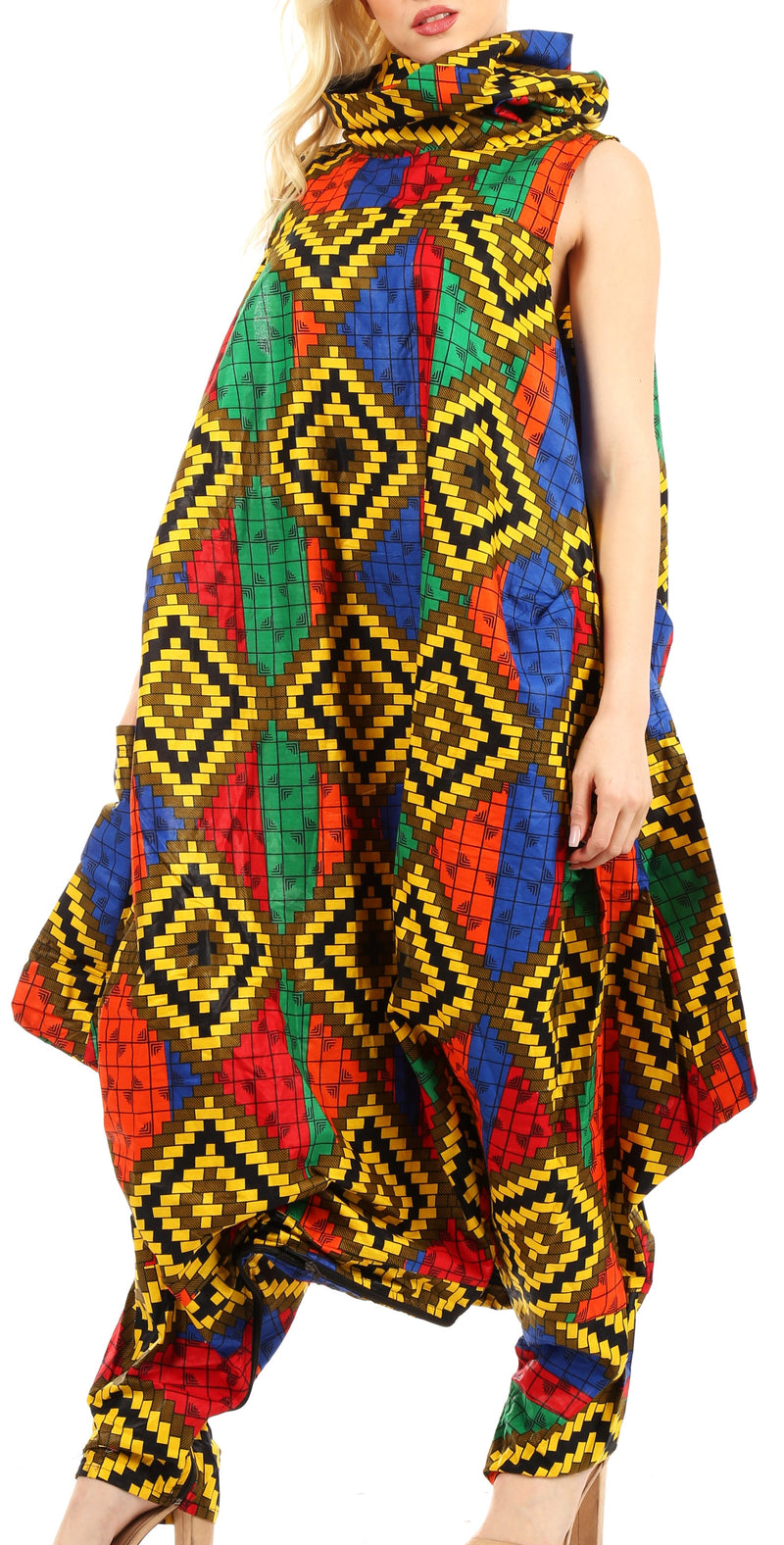 Sakkas Loa Women's African Ankara Print Maxi Harem Jumpsuit Dress Sleeveless