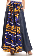 Sakkas Anisa African Wax Print Ankara Dutch Wide Leg Pants with Elastic Waist#color_418-Chambray-Blue/yellow
