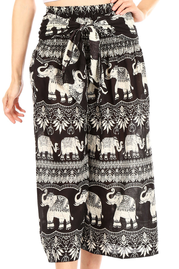Sakkas Lilja Women's Loose Wide Leg Printed Elephant Pants Elastic Waist w/Pockets#color_E-Black
