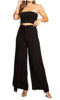 Sakkas Samantha Women's Bandeau Tube Top & Wide leg Gaucho Pants Set Palazzo Boho#color_Black