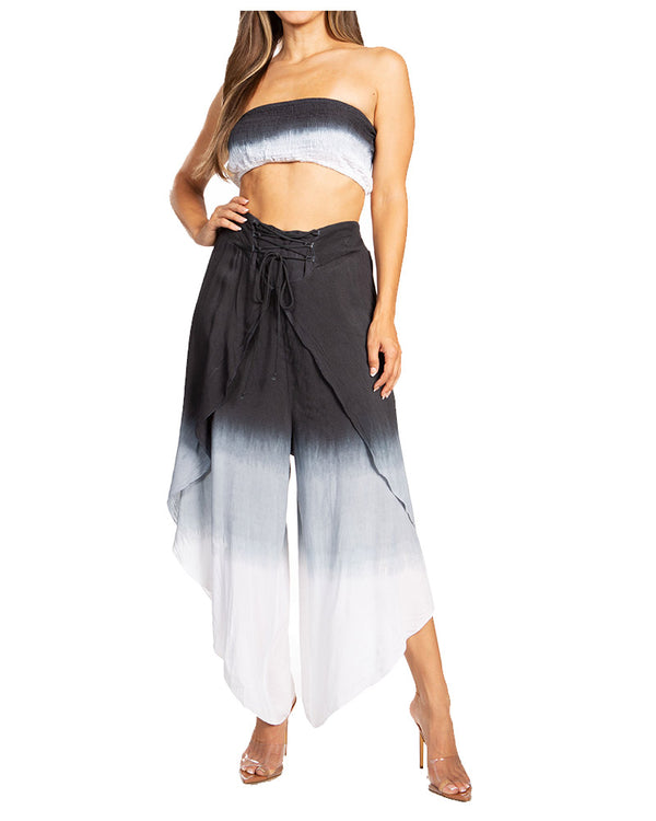 Sakkas Vanessa Women's Bandeau Tube Top & Wide leg Gaucho Pants Set Palazzo Boho#color_7004-BlackWhite