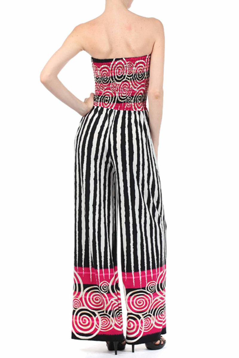 Sakkas Spiral Stripe Smocked Tube Top Wide Leg Jumpsuit