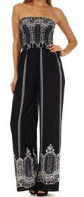 Sakkas Fleur de Paisley Smocked Tube Top Wide Leg Jumpsuit#color_Black