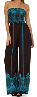 Sakkas Fleur de Paisley Smocked Tube Top Wide Leg Jumpsuit#color_Brown