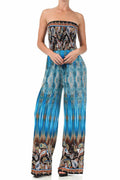 Sakkas Paisley Smocked Tube Top Wide Leg Jumpsuit#color_Blue