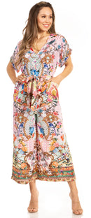 Sakkas Irise Women's Short Sleeve V neck Floral Print Casual Boho Jumsuit Pockets
