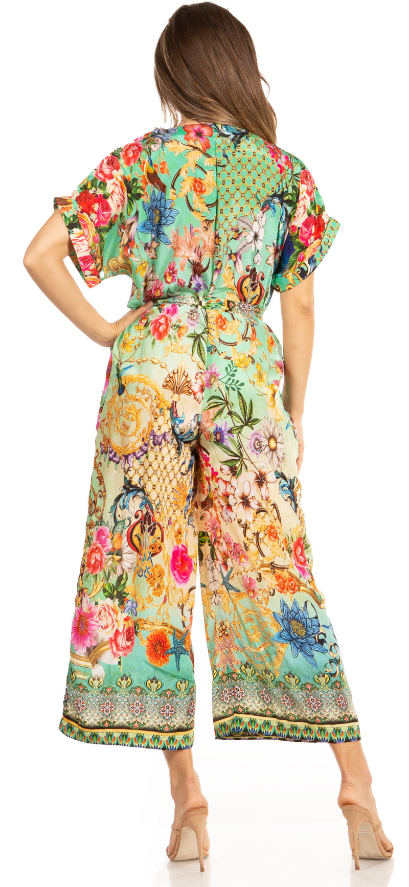 Sakkas Irise Women's Short Sleeve V neck Floral Print Casual Boho Jumsuit Pockets