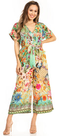 Sakkas Irise Women's Short Sleeve V neck Floral Print Casual Boho Jumsuit Pockets#color_600-Turquoise