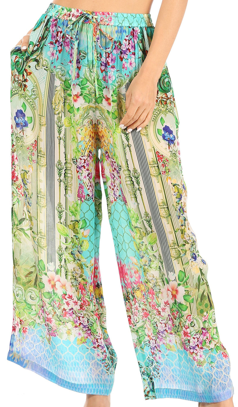 Sakkas Anie Women's Boho Casual Flowy Flare Palazzo Wide Leg Pants Floral Print
