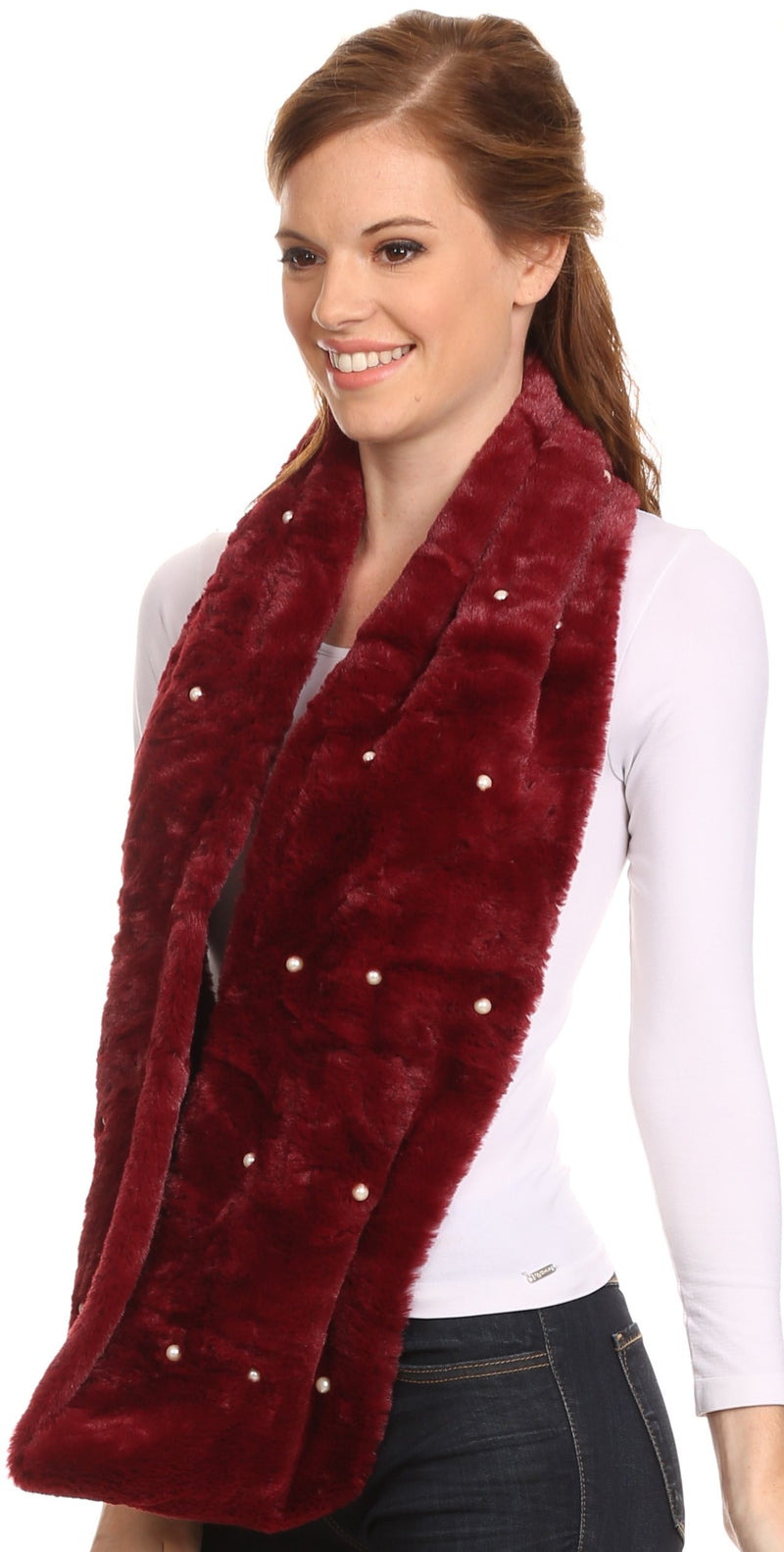 Sakkas Sabby Long Thin Faux Fur Pearl Embellishment Warm Soft Infinity Scarf