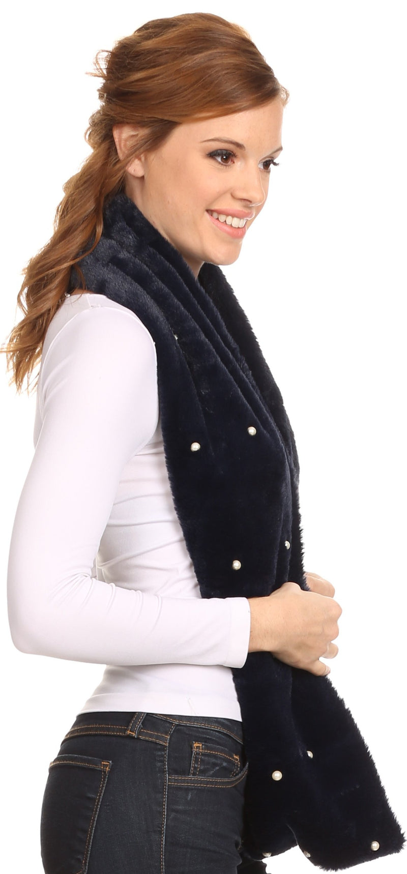 Sakkas Sabby Long Thin Faux Fur Pearl Embellishment Warm Soft Infinity Scarf