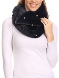 Sakkas Sabby Long Thin Faux Fur Pearl Embellishment Warm Soft Infinity Scarf#color_Navy