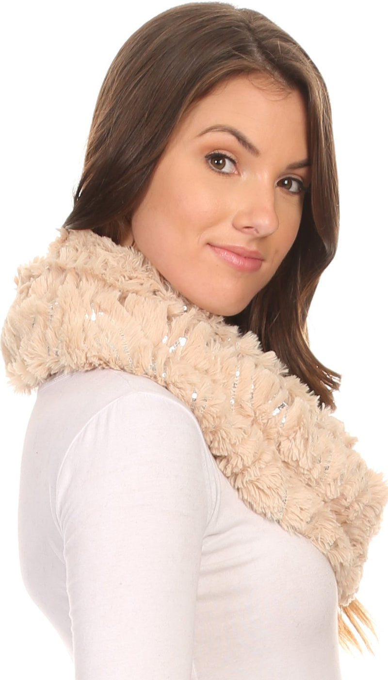 Sakkas Caymen Long Wrap Around Faux Fur Solid Color With Sequins Infinity Scarf