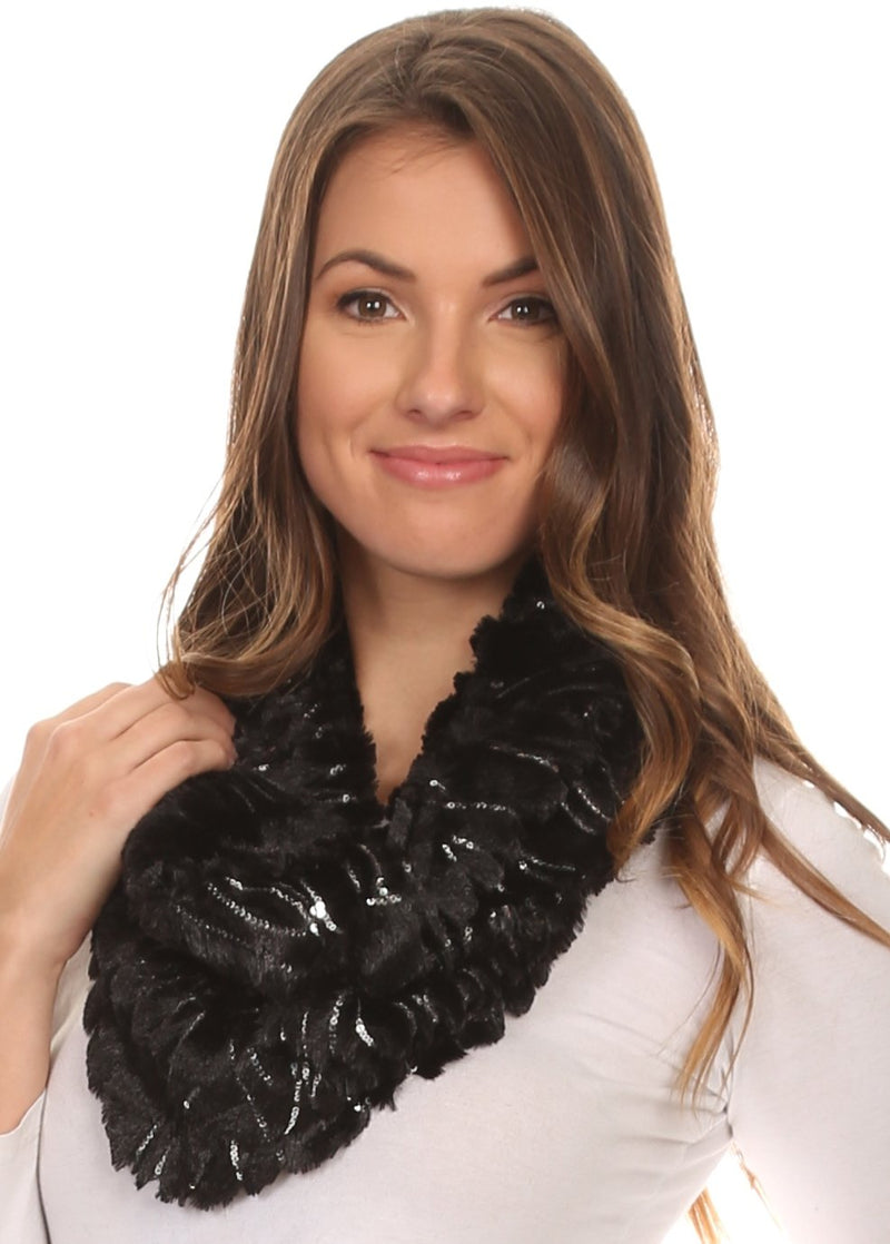 Sakkas Caymen Long Wrap Around Faux Fur Solid Color With Sequins Infinity Scarf