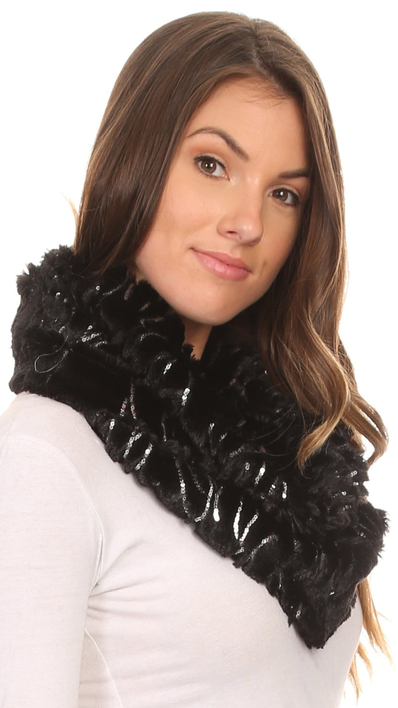 Sakkas Caymen Long Wrap Around Faux Fur Solid Color With Sequins Infinity Scarf