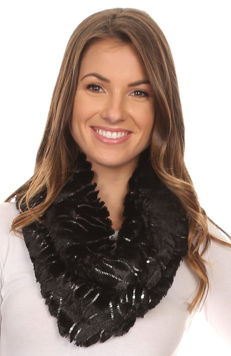 Sakkas Caymen Long Wrap Around Faux Fur Solid Color With Sequins Infinity Scarf