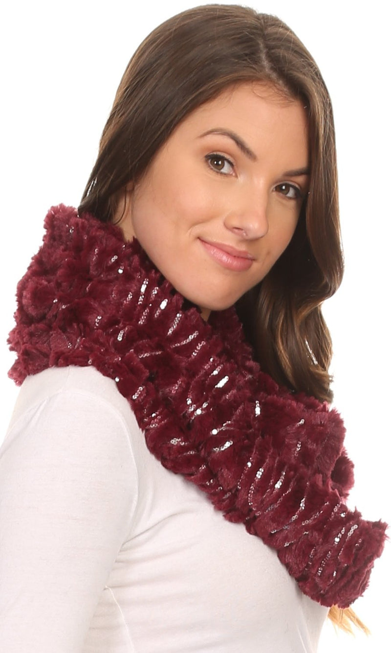 Sakkas Caymen Long Wrap Around Faux Fur Solid Color With Sequins Infinity Scarf