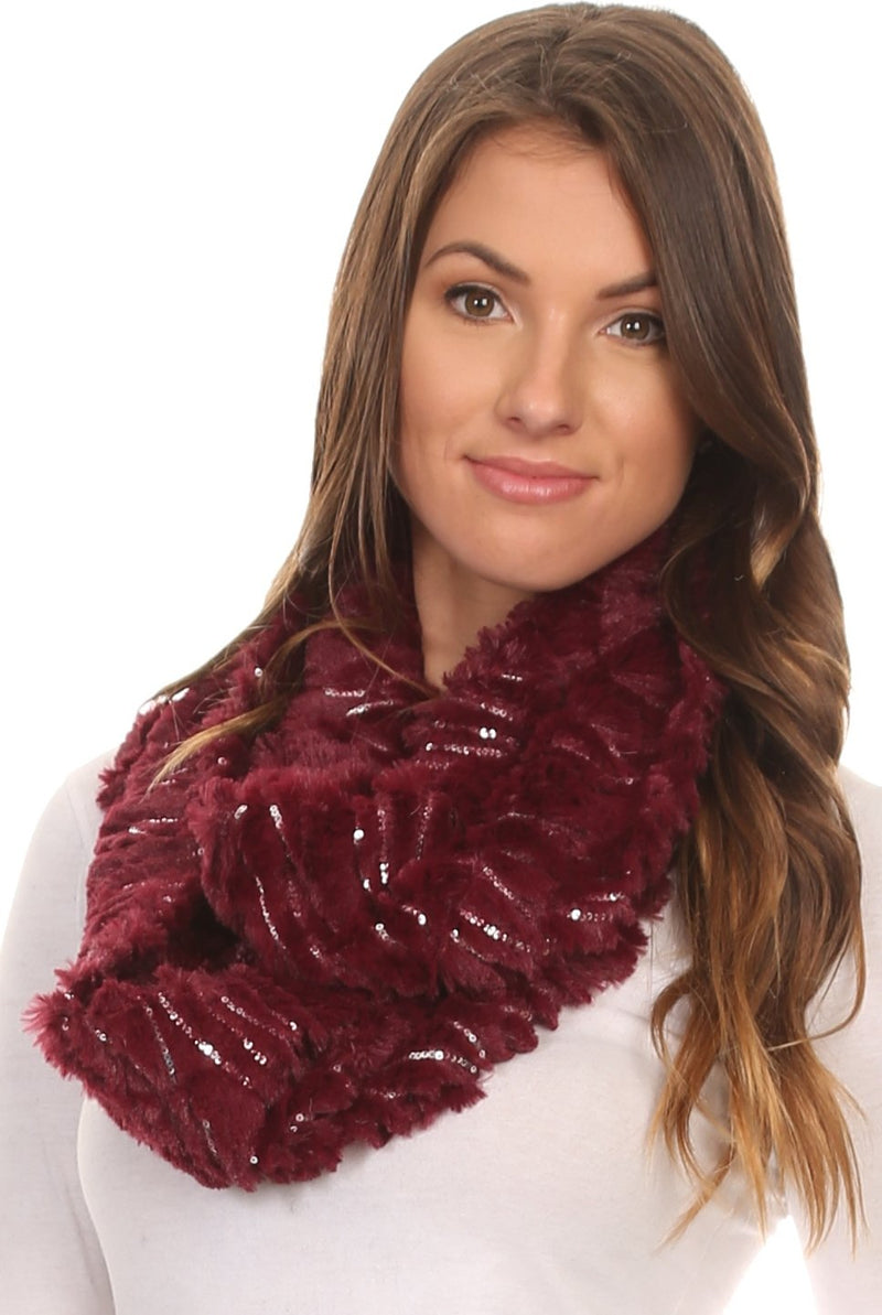 Sakkas Caymen Long Wrap Around Faux Fur Solid Color With Sequins Infinity Scarf