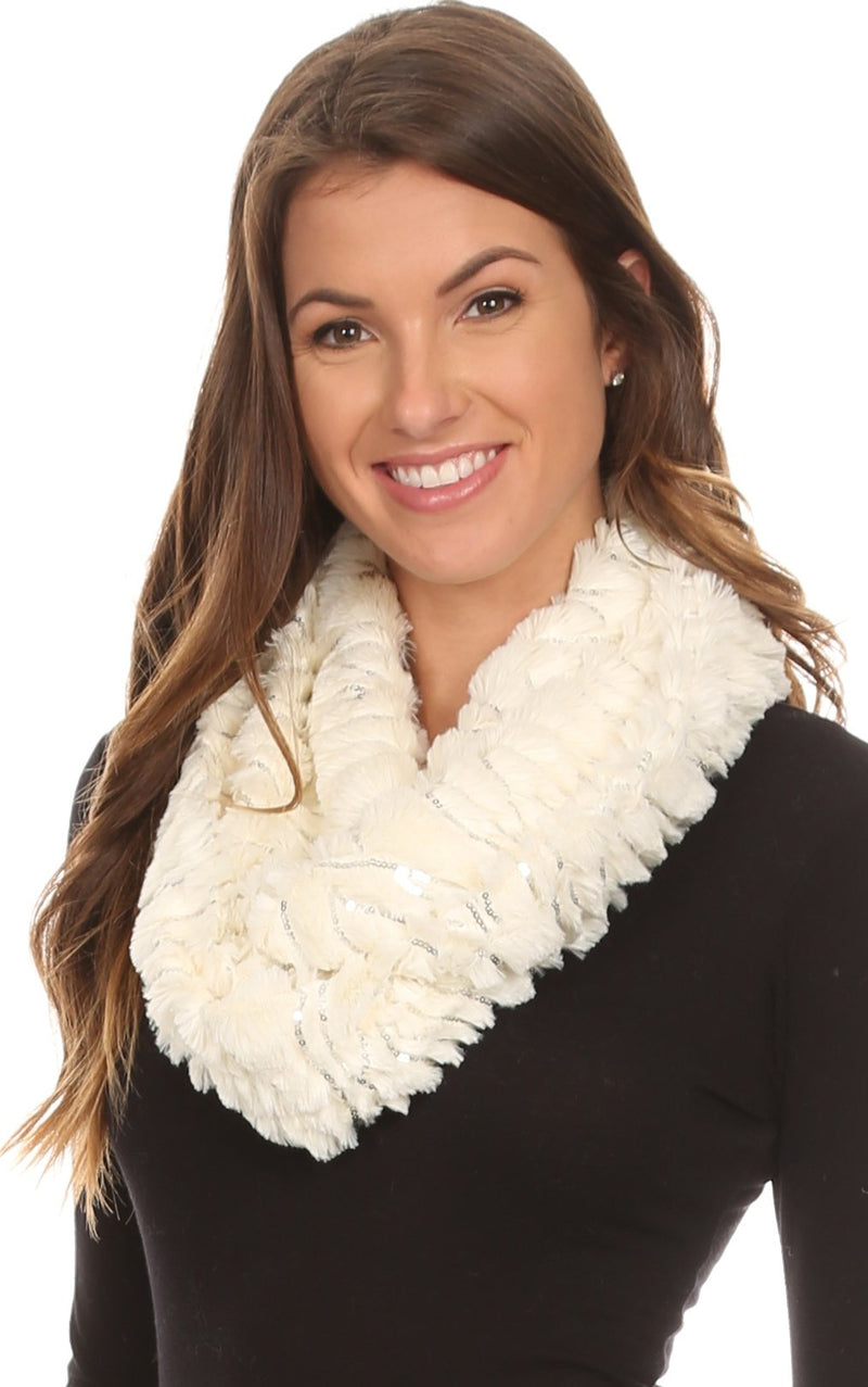 Sakkas Caymen Long Wrap Around Faux Fur Solid Color With Sequins Infinity Scarf