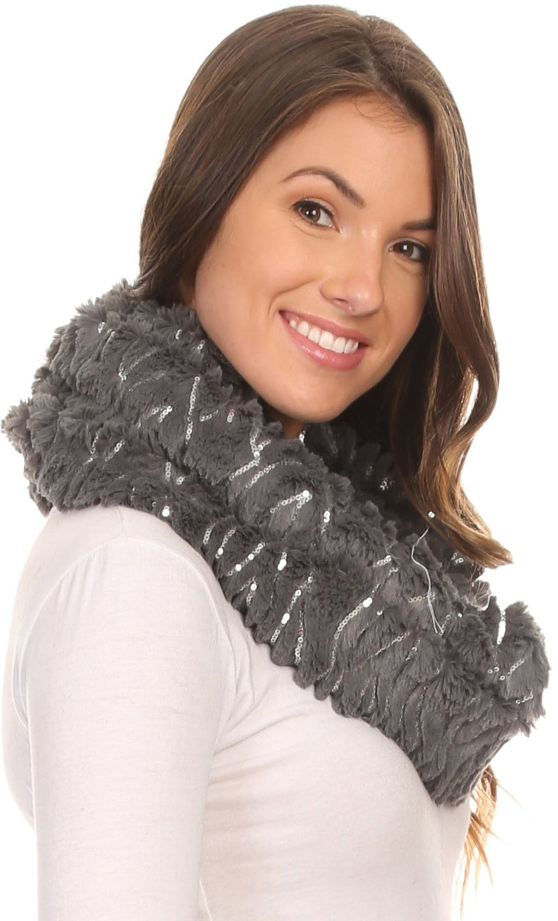 Sakkas Caymen Long Wrap Around Faux Fur Solid Color With Sequins Infinity Scarf