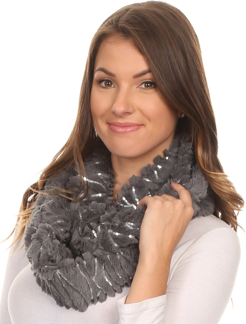 Sakkas Caymen Long Wrap Around Faux Fur Solid Color With Sequins Infinity Scarf