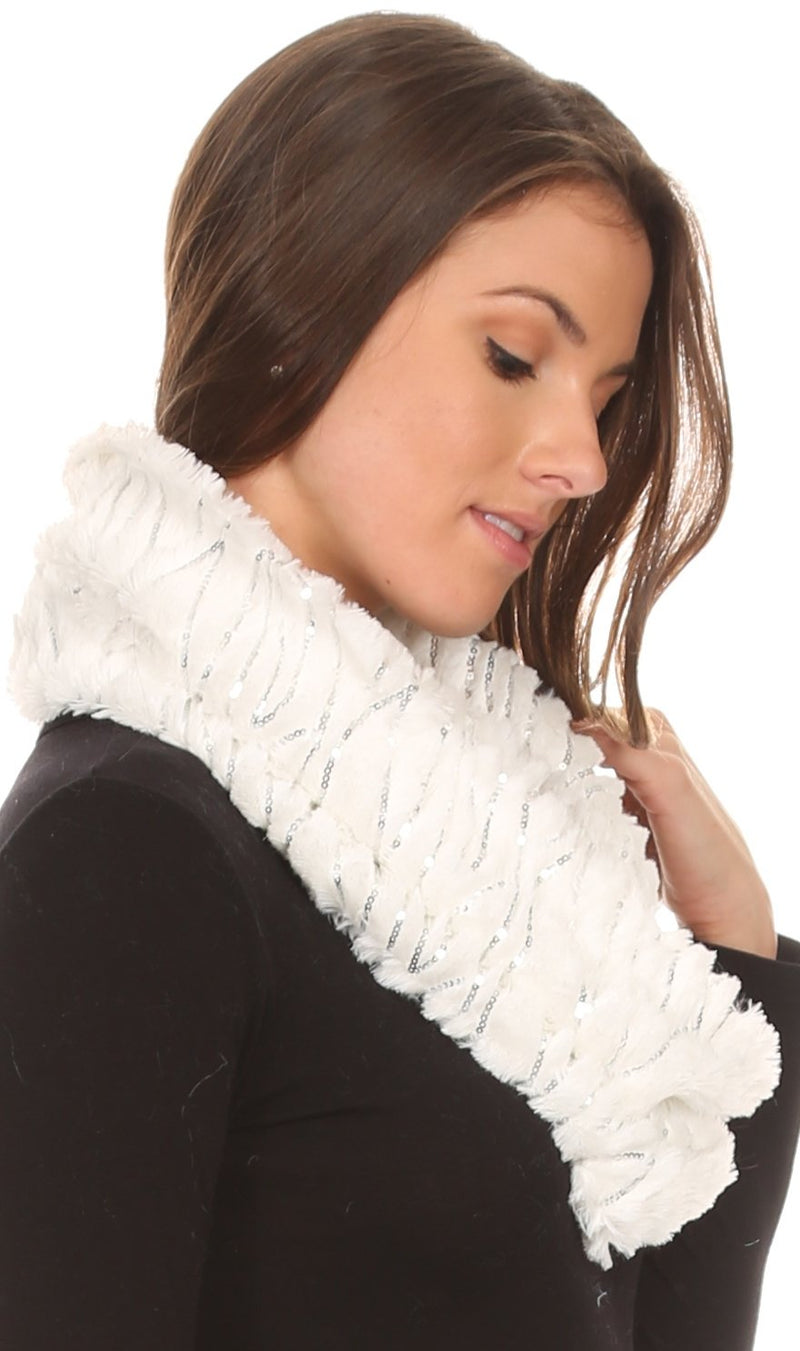Sakkas Caymen Long Wrap Around Faux Fur Solid Color With Sequins Infinity Scarf