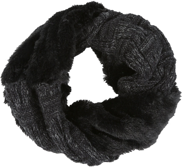 Sakkas Dalien Short Length Two Sided Faux Fur Ribbed Cable Knit Infinity Scarf#color_Black