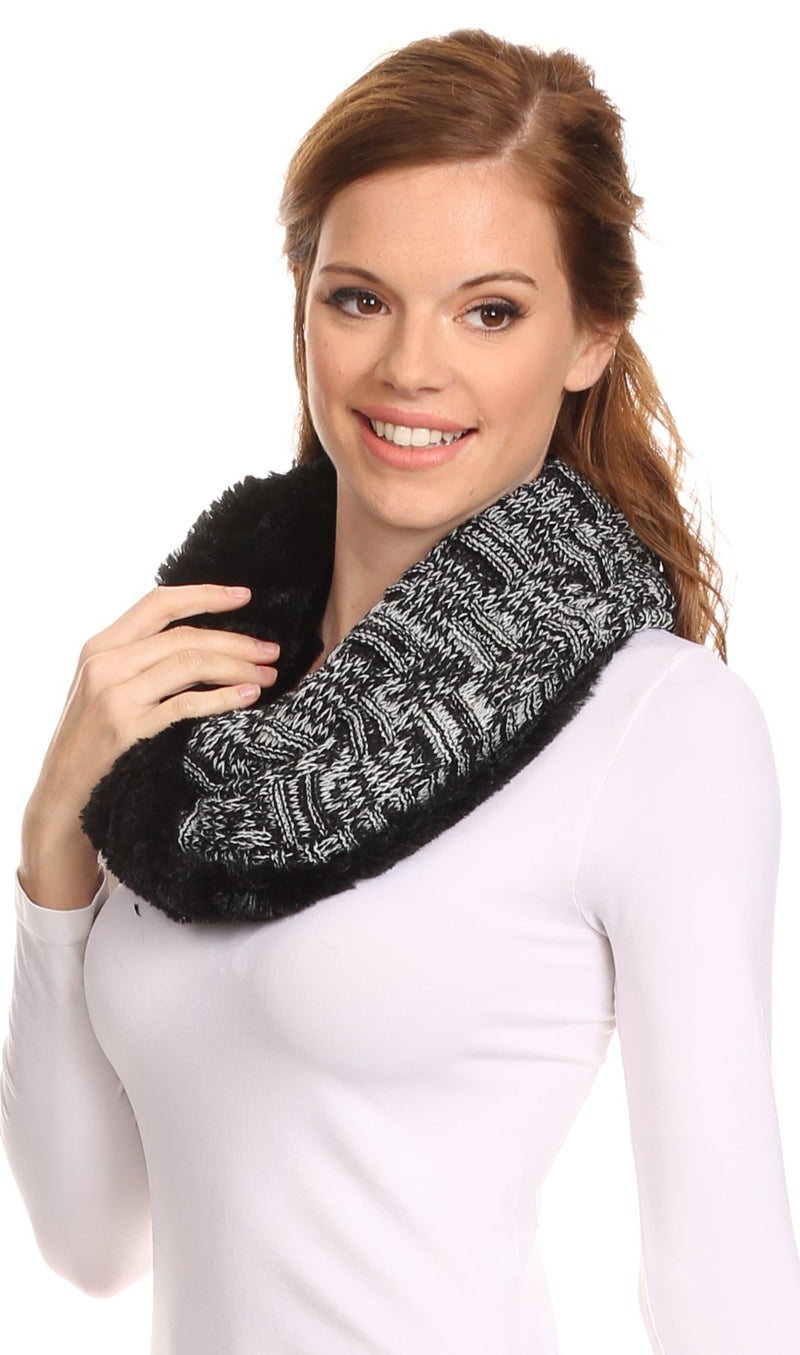 Sakkas Dalien Short Length Two Sided Faux Fur Ribbed Cable Knit Infinity Scarf