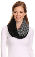 Sakkas Dalien Short Length Two Sided Faux Fur Ribbed Cable Knit Infinity Scarf#color_Black / White