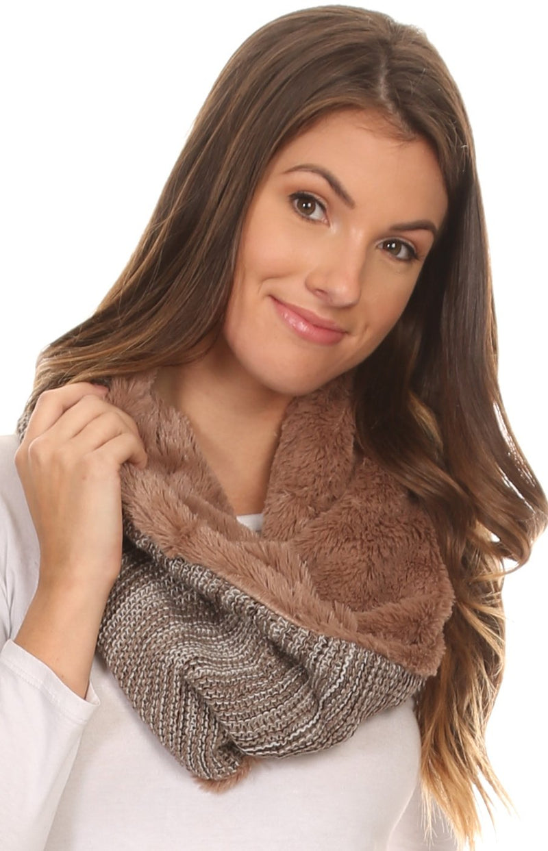 Sakkas Sele Short Two Textured Faux Fur Ribbed Knit Mixed Designed Infinity Scarf